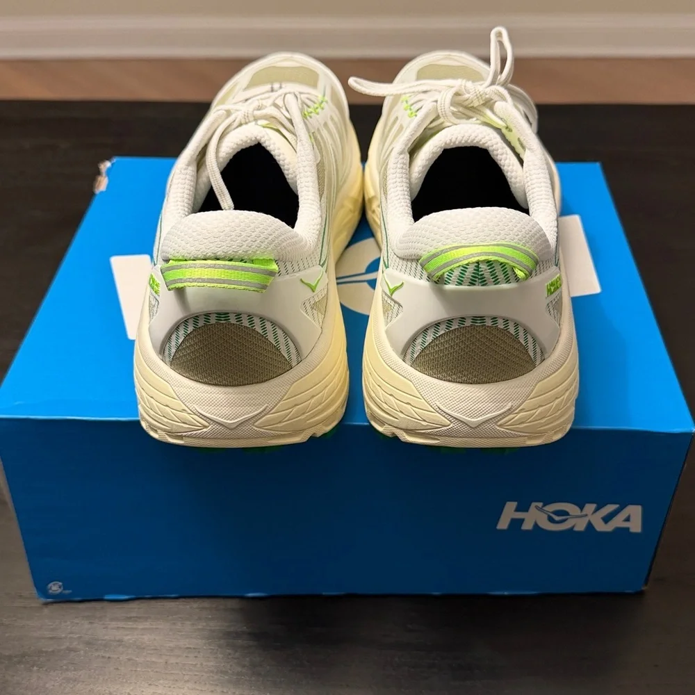 Hoka White and Lime Athletic Shoes. U Mafate Speed 2 -Megagrip